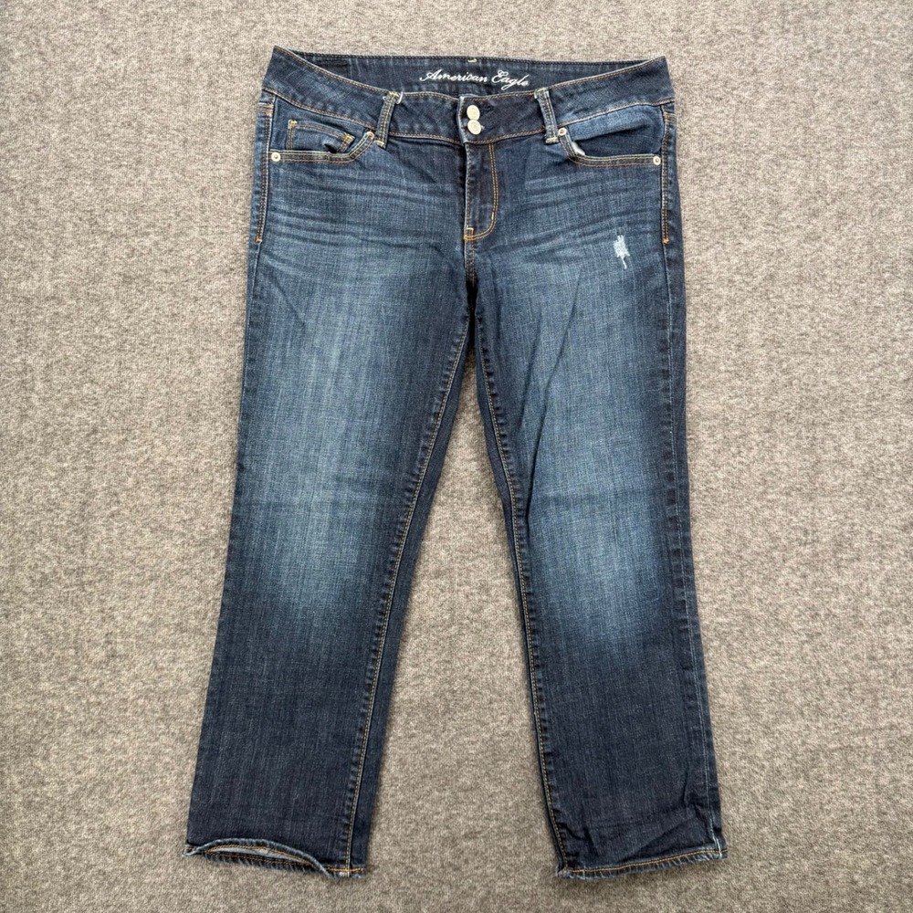 American Eagle Womens 12 Regular Dark Wash Straight Leg Stretch Jeans Distressed